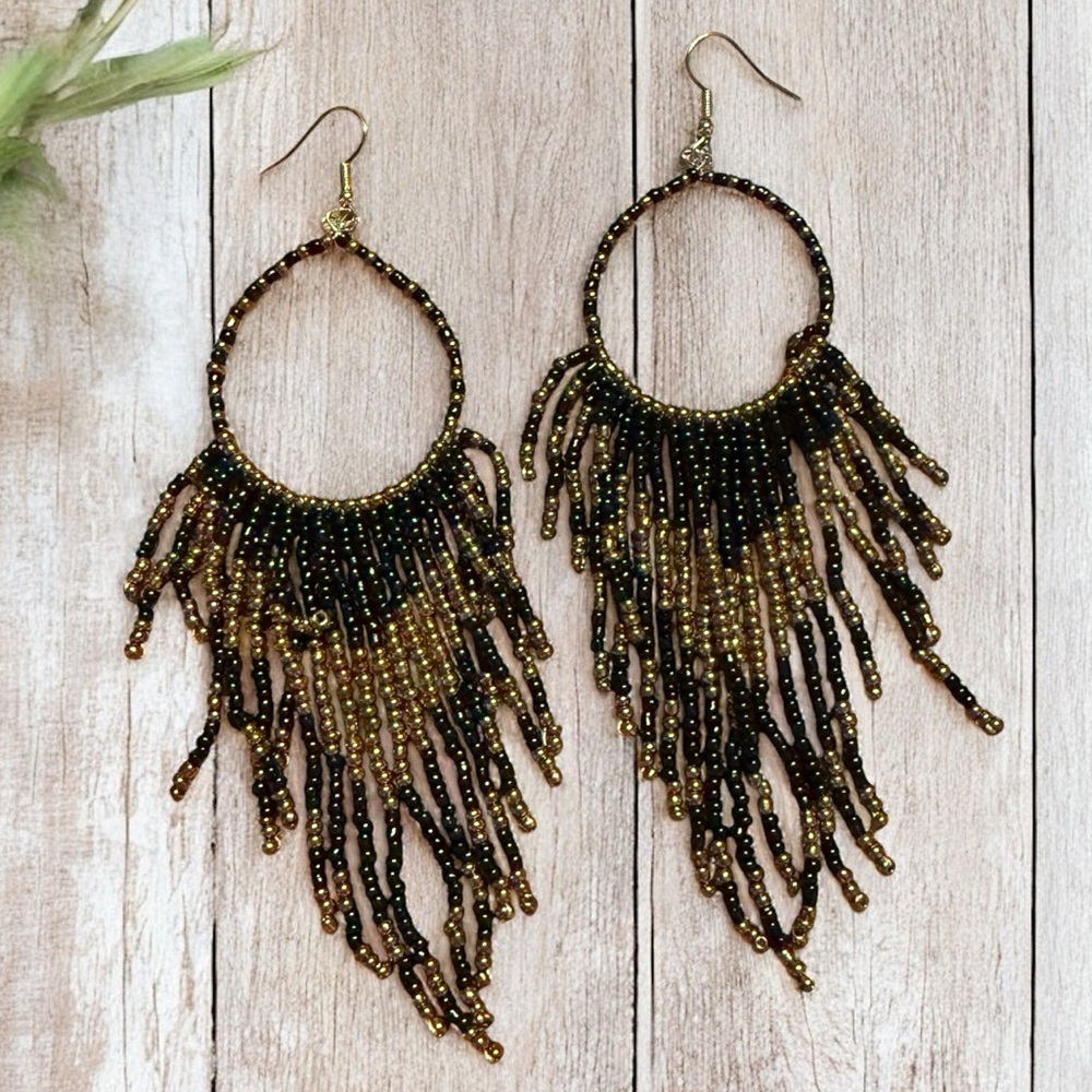 Beaded Fringe Hoop Earrings - Black & Gold